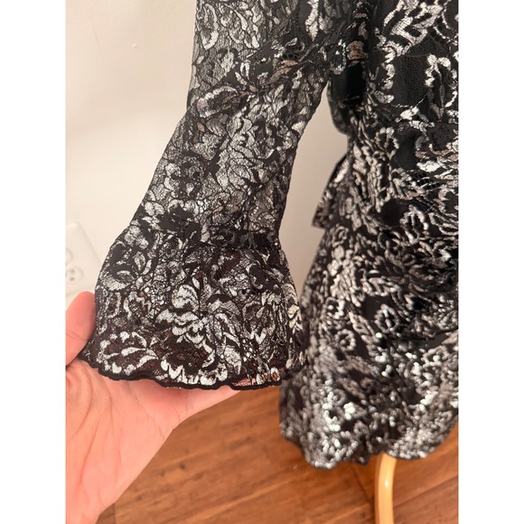 The Vampires Wife x H&M Black Silver Lace Mini Dress Ruffle Sleeve Size Medium - Picture 6 of 8